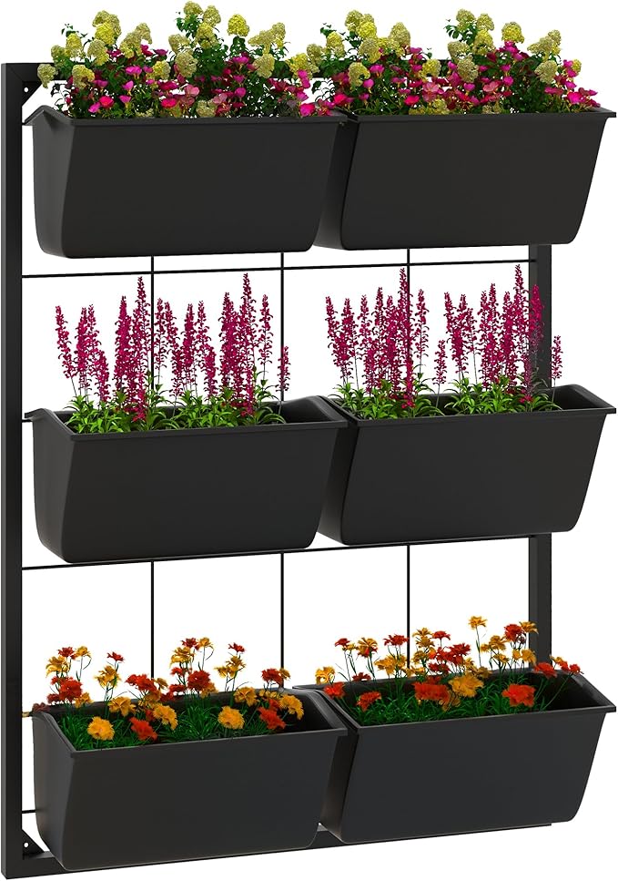 Outsunny 3-Tier Wall Planter with 6 Pots for Indoor and Outdoor Use, Hanging Plant Holder, Self Draining Wall Mounted Planter for Vegetables, Flowers, Herbs, Black