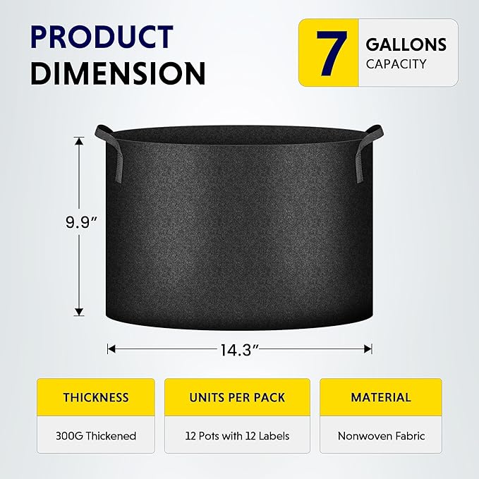 iPower 12-Pack 7 Gallon Grow Bags Heavy Duty Thickened Aeration Nonwoven Fabric Pots with Nylon Handles and 12 Labels for Planting Vegetables, Fruits, Flowers, Black