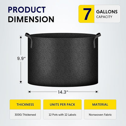 iPower 12-Pack 7 Gallon Grow Bags Heavy Duty Thickened Aeration Nonwoven Fabric Pots with Nylon Handles and 12 Labels for Planting Vegetables, Fruits, Flowers, Black