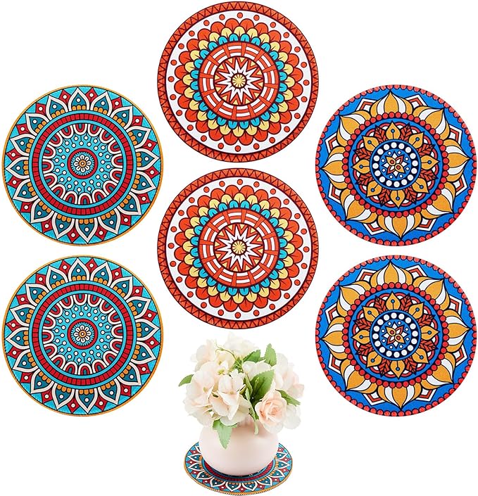 6 Pcs Boho Plant Pot Mat Absorbent Non Slip Round Pot Coaster Pad Gardening Indoor Outdoor Flower Plant Protect for Table Desk Floor, 5.9 Inches