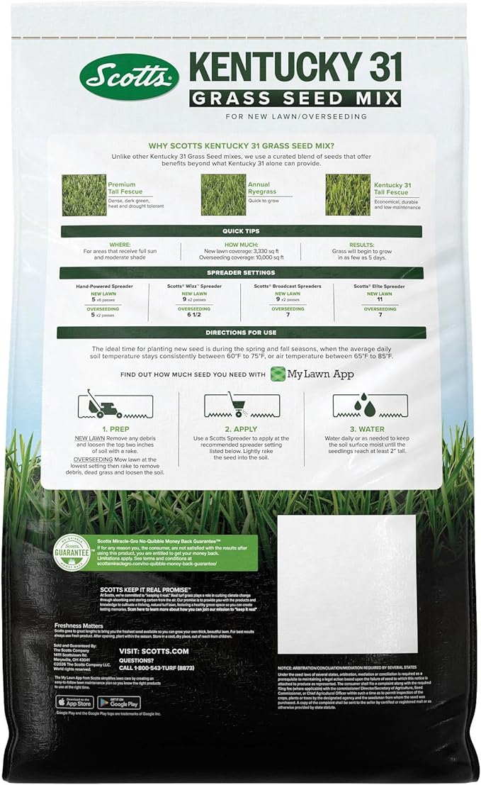 Scotts Kentucky 31 Grass Seed Mix for New Lawns or Overseeding - Lawn Grass Seed That Grows Thicker and Greener vs. Other Kentucky 31 Mixes, Covers up to 10,000 sq. ft.