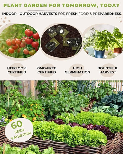 Tactiko Survival 60 Medicinal & Survival Seed Kit – Heirloom Non-GMO USA Grown Seeds for Vegetables, Herbs & Edible Flowers – Emergency Food Supply Vault - Mylar Storage - Tools - Planting Guide