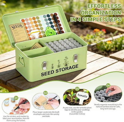 60 Slots Seed Organizer Seed Storage Seed Box 3 Compartments Seeds Organizer Storage Box Metal Garden Seeds Packet Container with Lid and Safety Locks for Flower Plants Garden