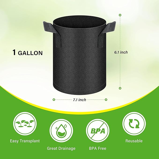 HealSmart 6-Pack 1 Gallon Grow Bags, Nonwoven Aeration Fabric Pots with Handles, Cloth Plant Pots, Suitable for Garden Fruits, Vegetables, Tomato and Flowers, Black
