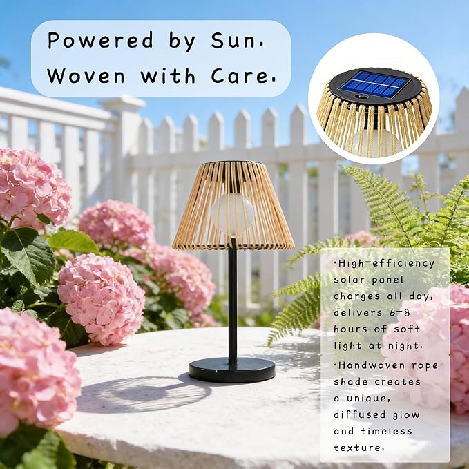 Solar Powered Table Lamp, Rattan Wicker Shade, Khaki Color, PP and Iron Material, Garden Courtyard Lawn Decor, 8.66 x 15.94 Inches