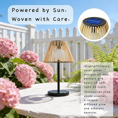 Solar Powered Table Lamp, Rattan Wicker Shade, Khaki Color, PP and Iron Material, Garden Courtyard Lawn Decor, 8.66 x 15.94 Inches