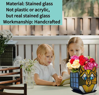 Stained Glass Yellow Cat Planter, Indoor Plant Tabletop Plant Display, Yellow Cat Small Plant Pot, Terrarium Decor, Decor Gift 4.6x3x5.15 in