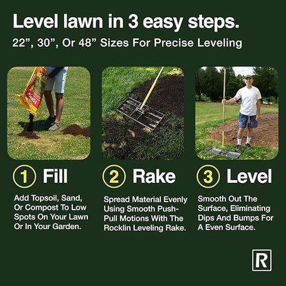 Rocklin™ Lawn Leveling Rake – 22” x 10” Stainless Steel Leveling Tool with 78” Handle | Smooth & Level Soil, Sand or Grass | Durable Leveling Tool for Lawn, Yard and Garden