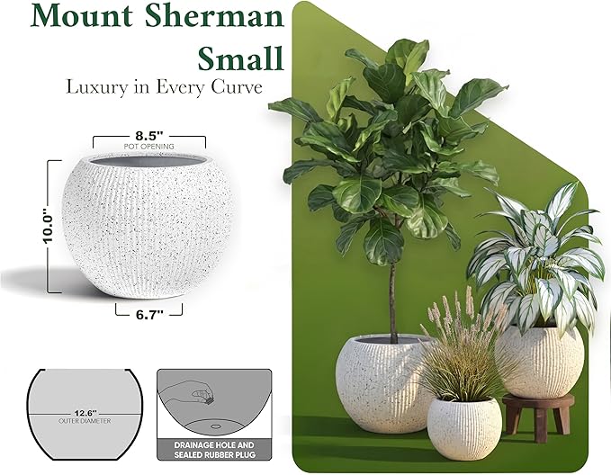 DTY Mount Sherman 12.6" D x 10'' H (Pot Opening 8.5") Fiberstone Round Planter with Drainage Hole, Smooth Finishes, Weather Resistant for Indoor and Outdoor, 2 Extra Coco Mats - White Ribbed,Small