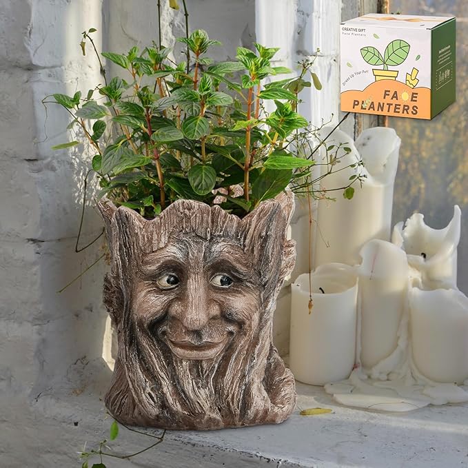 Face Planter with Funny Smile - Unique Head Planters for Indoor Outdoor Plants with Drainage Hole, Cute Plant Pots for Succulents, Creative Flower Pots as Gifts for Women and Men (Brown Man)