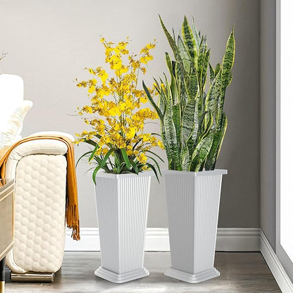 Set of 4 24" Tall Plastic Planters with Trays, Large Tapered Plant Pots for Indoor Outdoor Use, Modern Decorative Planters for Porch, Patio, Garden, and Backyard