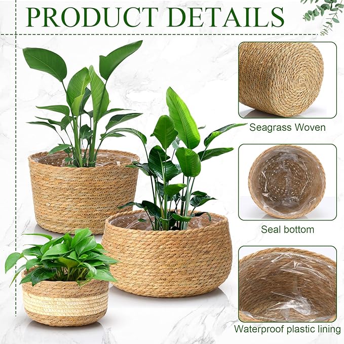 Sieral 5 Pcs Seagrass Hand Woven Planter Basket Large Plant Pots Indoor Flower Pots Cover, 12+10+8+7+6 Inch Storage Planter Containers with Plastic Liners