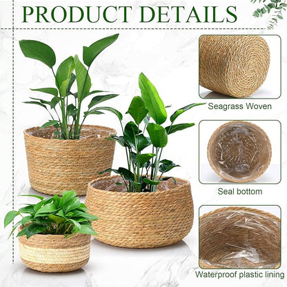 Sieral 5 Pcs Seagrass Hand Woven Planter Basket Large Plant Pots Indoor Flower Pots Cover, 12+10+8+7+6 Inch Storage Planter Containers with Plastic Liners