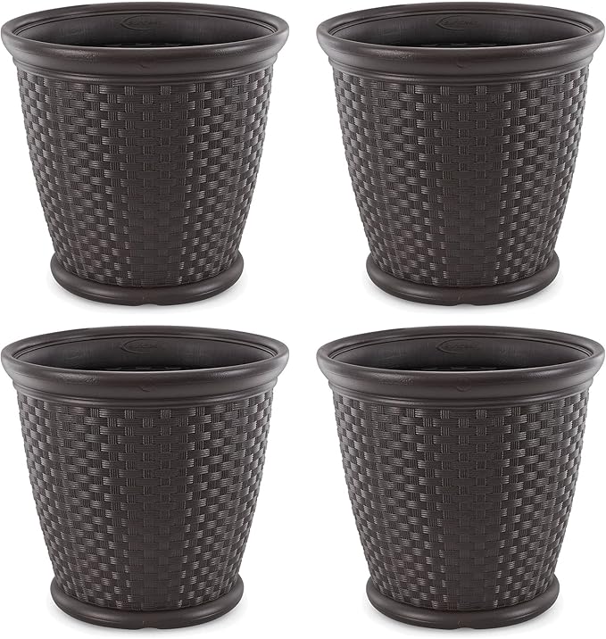 Suncast Sonora 4 Pack 22 Inch Plastic Wicker Indoor or Outdoor Decorative Garden Flower Planter for Entryways, Porch, and Backyard Patios, Dark Brown