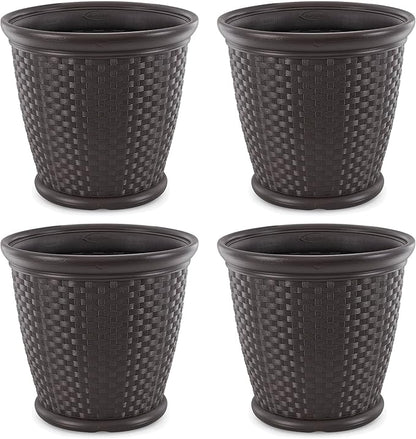 Suncast Sonora 4 Pack 22 Inch Plastic Wicker Indoor or Outdoor Decorative Garden Flower Planter for Entryways, Porch, and Backyard Patios, Dark Brown