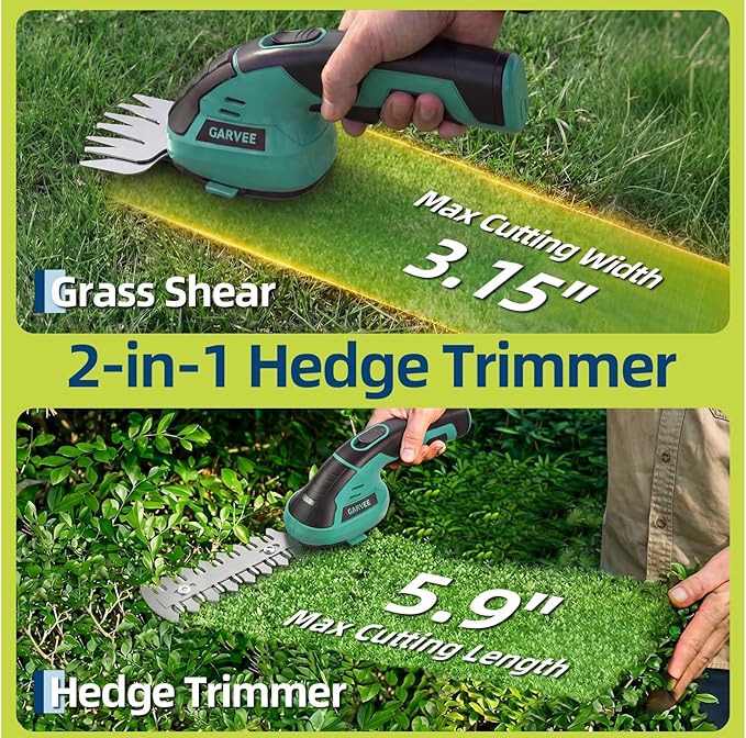 Garvee 2 in 1 Handheld 7.2V Electric Grass Trimmer Hedge Shears/Grass Cutter Rechargeable Lithium-Ion Battery and Type-C Cable Included Cordless Grass Shear & Shrubbery Trimmer