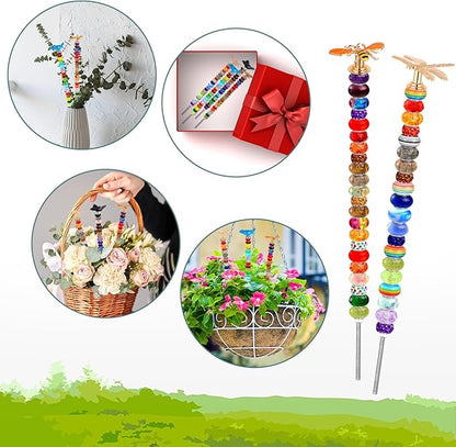 Tigeen 236 Pcs Garden Stake DIY Fairy Wand Plant Stake with 12 Colorful Crystal Stopper Top 12 Threaded Rod with 200 Large Hole Bead for Spring Summer Holiday Outdoor Decorations(Dragonfly Bird Bee)
