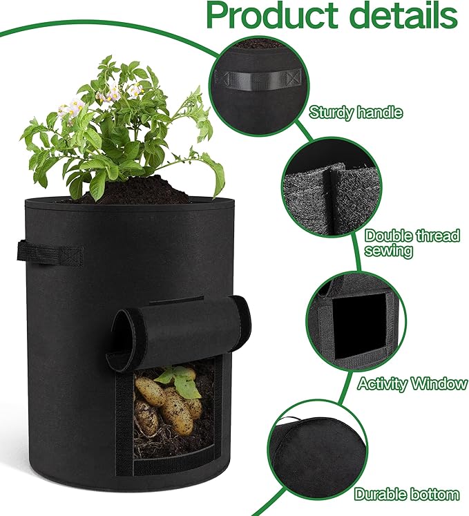 6-Pack 15 Gallon Potato Grow Bags – Durable Nonwoven Fabric Planters with Reinforced Handles | Reusable Garden Containers for Potatoes, Vegetables (Black, 15 Gallons/6 Pack)