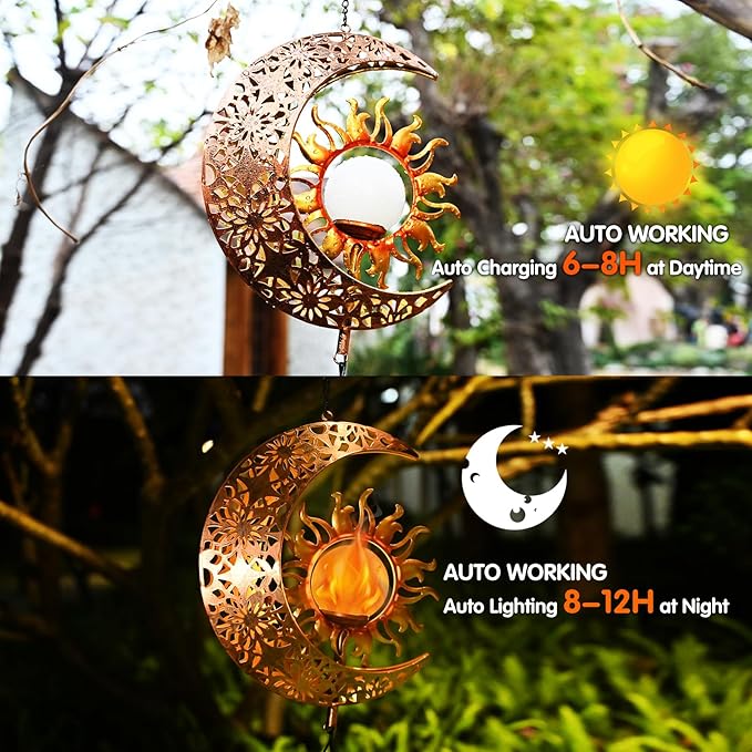 Solar Sun Moon Wind Chimes Outdoor, Waterproof Wind Bells Light with Crackle Glass Ball for Outside, Clearance Unique Gifts for Mother's Day, Mom, Women, Girls, Yard, Garden, Party Decor