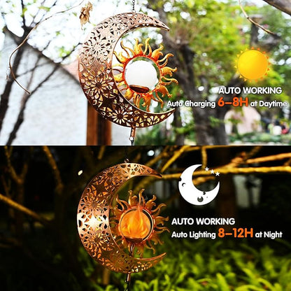 Solar Sun Moon Wind Chimes Outdoor, Waterproof Wind Bells Light with Crackle Glass Ball for Outside, Clearance Unique Gifts for Mother's Day, Mom, Women, Girls, Yard, Garden, Party Decor