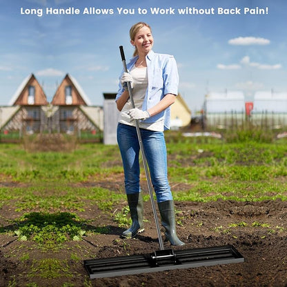 Goplus Lawn Leveling Rake, 42" x 10" Heavy Duty Level Lawn Tool w/ Ergonomic Handle for Soil, Effort-Saving Landscape Rake for Garden, Backyard, Golf Course, Farm, Pasture, Black