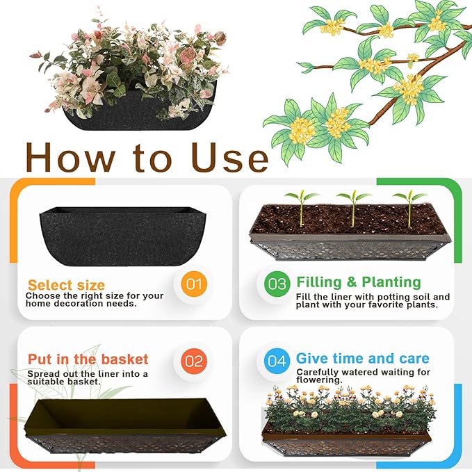 2-Pack 24in Planter Liners - Breathable Felt Hanging Basket and Window Box Liners - Prevent Root Suffocation and Bird Damage - Black