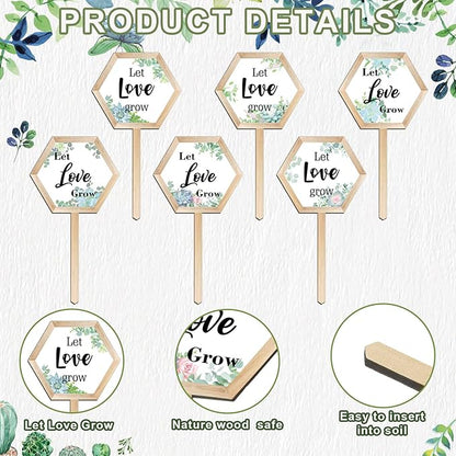 48 Pcs Let Love Grow Succulent Tags Wedding Favors Hexagon Wooden Plant Stakes Label Garden Marker Plant Sign for Wedding Gift Thanksgiving Baby Shower Seed Potted Flower Garden (Love Style)