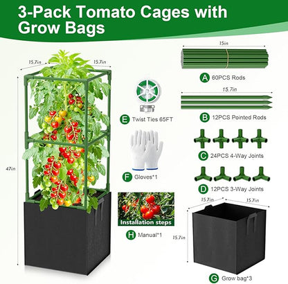 3 Pack Tomato Cages, Square Tomato Trellis with 17 Gallon Grow Bags,47IN Tall Heavy Duty Tomato Plant Support Stakes for Garden Climbing Vegetables Flowers Fruits (Extra-Bold, 3 Pack)