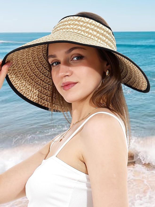 Womens Beach Straw Sun Hats Ponytail Hole Wide Brim Summer Visor Foldable Hat Sun Protection Packable for Travel Pool