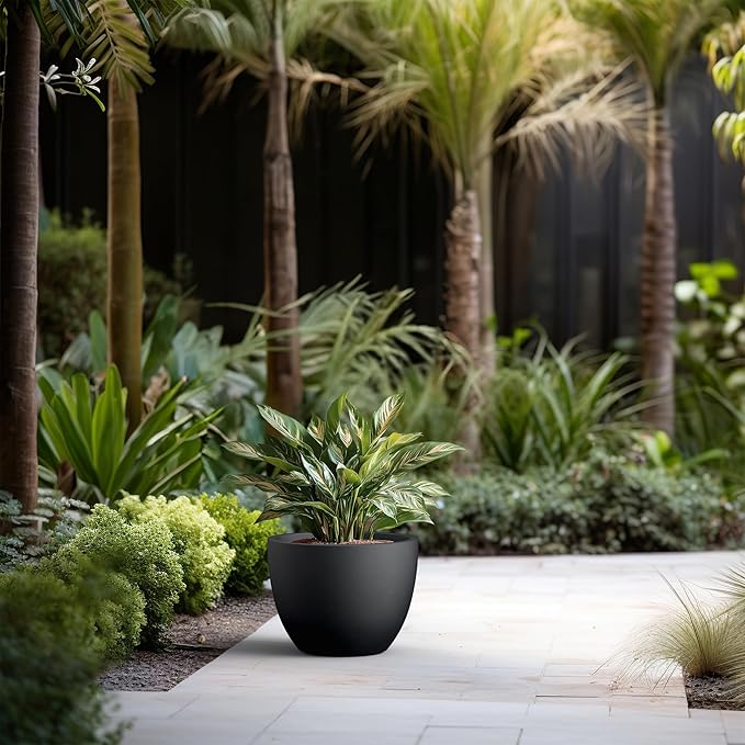 Kante 14.2 Inch Round Concrete Planter - Classic Large Indoor/Outdoor Plant Pot with Drainage Hole and Rubber Plug, Suitable for Gardens and Patios, Black