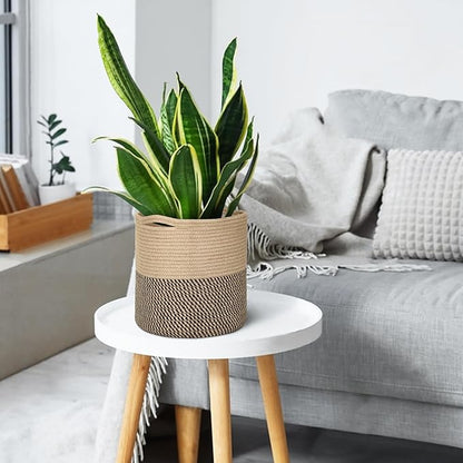 Woven Jute Plant Basket, Wicker Basket Planter for 10 inch Pot, Round Indoor Tree Pot Cover, Small Boho Planter Baskets, Decorative Basket for Plants and Home Decor, 11”X11”, Black Stripes