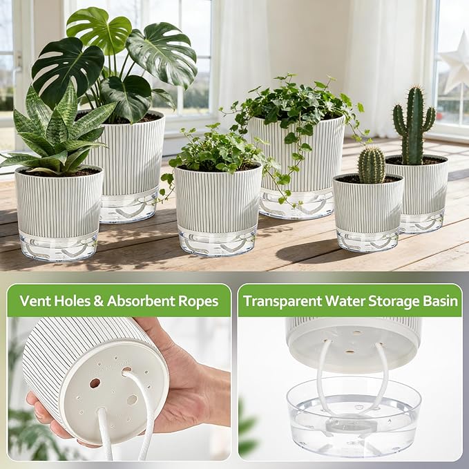 6 Pack Self Watering Pots for Indoor Plants, 4+5.5+6.3 Inch Self Watering Plant Pots Set, Flower Pots with Wick Rope and Reservoir for African Violet, Spider Plant, Orchid