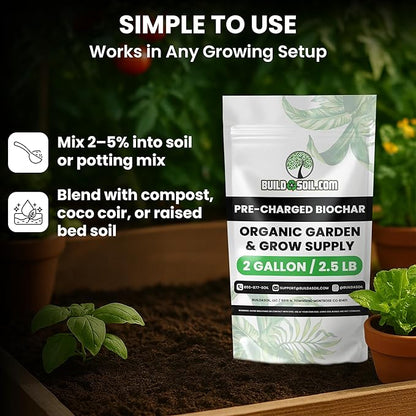 BuildASoil Pre-Charged Biochar Organic Soil Amendment for Plants, No-Till Friendly, 2–5% Mix Rate, Clay Soil Conditioner with Organic Perlite & Horticultural Charcoal Blend, 2 Gallon/2.5 lb