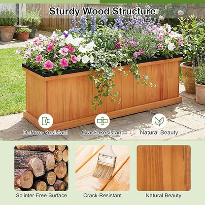 Giantex Outdoor Raised Garden Bed Set of 2, 40” x 13” x 12” Pine Wood Planter Box w/ 3 Drainage Holes, Removable Bottom & Bed Liner, Rectangular Flower Container for Vegetables Herbs, Indoor & Outdoor