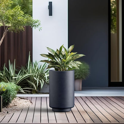 Kante 15.7 Inch Tall Concrete Planter, Round Pedestal Design Garden Pot for Indoor Outdoor Plants, Modern Garden Pot with Drainage Hole, Charcoal Finish with Painted Interior