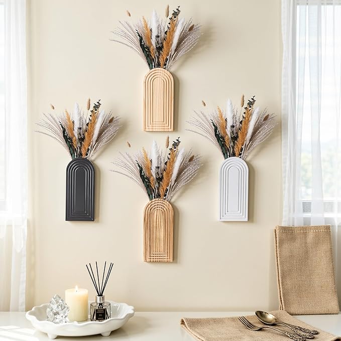 DREAMLOOM 2 Pack Wooden Wall Vases with Dried Pampas Grass and Eucalyptus Plants, Wall Hanging Planters Boho Modern Farmhouse Indoor for Narrow Spaces Entryway Bathroom Home Office Decoration, Brown
