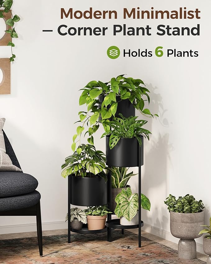 Bamworld Metal Plant Stand Indoor Corner Plant Shelf Outdoor Tall Flower Stands for Multiple Plants for Indoor Plants Garden Living Room Balcony Black