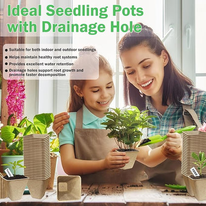 70-Pack 3.15 inch Square Peat Pots for Seedlings with 100 Labels, Biodegradable Nursery Pots with Drainage Holes for Plants