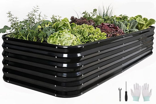 5 in 1Galvanized Raised Garden Bed - 8x3x1.4ft Modular Garden Planter Bed Outdoor | Steel Raised Bed Kit with Bracing Rods, Gloves for Gardening Vegetables Fruits and Flowers (Gray)