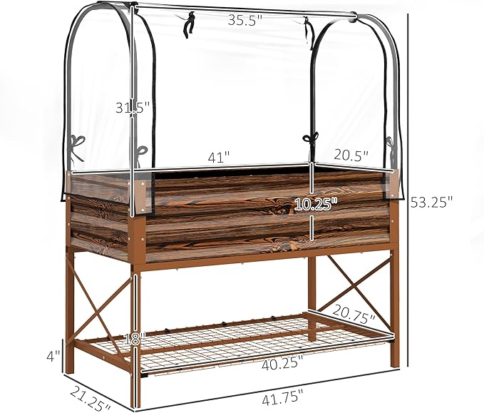 Outsunny Raised Garden Bed with Cover and Storage Shelf, Rectangular Metal Elevated Planter Box with Legs and Bed Liner for Vegetables, Flowers, Herbs, Dark Brown
