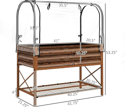 Outsunny Raised Garden Bed with Cover and Storage Shelf, Rectangular Metal Elevated Planter Box with Legs and Bed Liner for Vegetables, Flowers, Herbs, Dark Brown