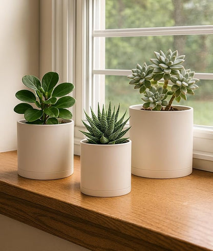 D'vine Dev 4 Inch 5 Inch 6 Inch, Set of 3 Plastic Planter Pots for Plants with Drainage Hole and Seamless Saucers, Oatmeal, Small, 74-V-H-1