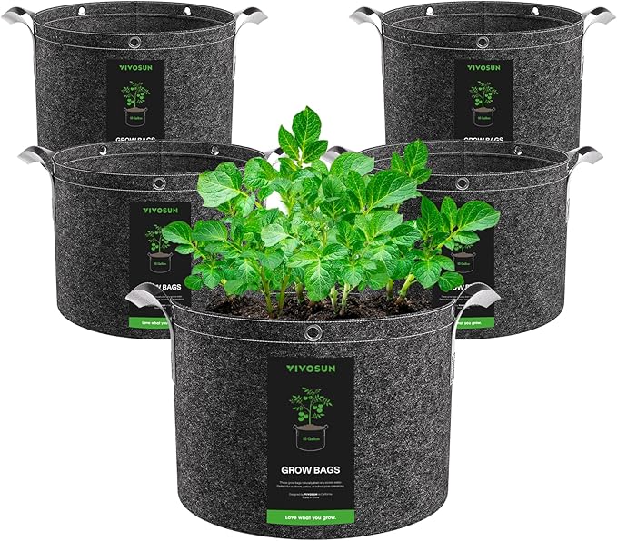 VIVOSUN 5-Pack 15 Gallon Grow Bags, 500G Thick Nonwoven Fabric Pots with Strap Handles, Multi-Purpose Rings, for Low Stress Plant Training Fruits, Vegetables, and Flowers