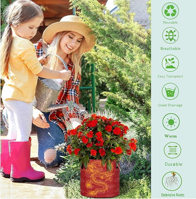 3 Gallon Chinese Propitious Cloud Dragon Red Breathable Potato Grow Bags Heavy Duty Planter Pot Containers with Handles for Tomato Fruits Flowers Vegetables