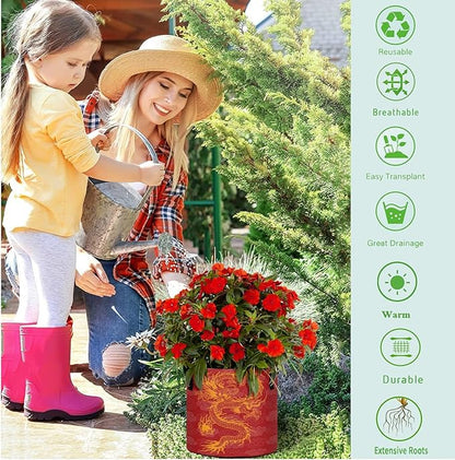 3 Gallon Chinese Propitious Cloud Dragon Red Breathable Potato Grow Bags Heavy Duty Planter Pot Containers with Handles for Tomato Fruits Flowers Vegetables