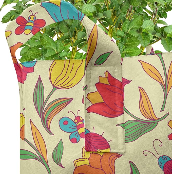 Ambesonne Butterfly Grow Bags 5-Pack, Abstract Exotic Wings, Heavyduty Fabric Pots with Handles for Plants, Pink