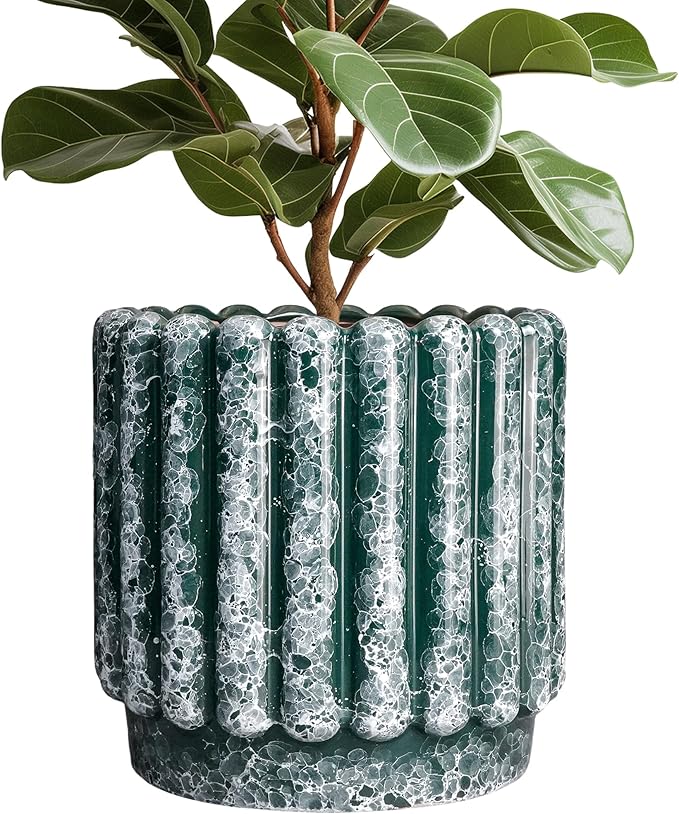 12 Inch Pots for Plants - Ceramic Indoor Planters with Drainage Hole, Decorative Large Planters for Outdoor Plants, Fluted Round Ceramic Flower Pots, Home Patio Decor, Birthday Gifts, Green