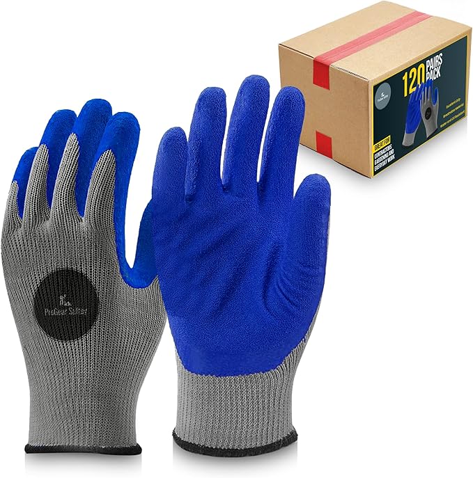 12 Pairs & 120 Pairs Blue Latex Coated, Gardening Gloves, Work Gloves, Double dipped, Textured Grip Gloves