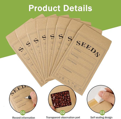 100 PCS Seed Packets Clear Envelopes, Self Sealing Kraft Bags 3.15”x 4.72”, Seed Storage Organizer Mini Envelopes with Preprinted Collecting Template for Flower Vegetable Seed Collection(A style)