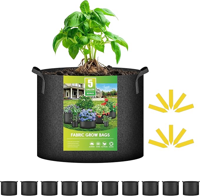 iPower 10 Pack 5 Gallon Grow Bags 300G Thickened Sturdy Plant Fabric Pots with 10 Labels and Handles, Aeration Garden Cloth Planter Bag for Outdoor Fruits, Vegetables and Flowers